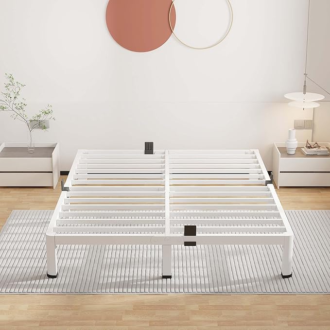 ROIL 10 Inch White Queen Bed Frame with Rounded Corner and Mattress Retainers, 3500LBS Heavy Duty Steel Slats No Box Spring Needed Platform Noise-Free Easy Assembly