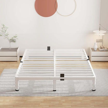 ROIL 10 Inch White Queen Bed Frame with Rounded Corner and Mattress Retainers, 3500LBS Heavy Duty Steel Slats No Box Spring Needed Platform Noise-Free Easy Assembly