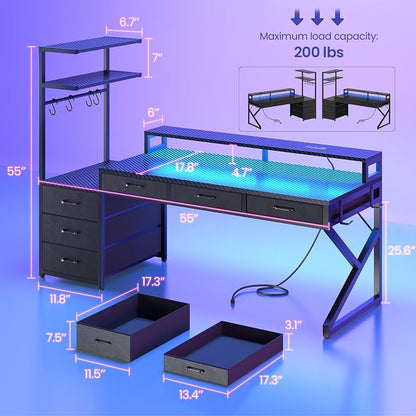 SEDETA 55" Gaming Desk with 6 Drawers, Corner Gaming Desk with Storage & LED Lights, Reversible PC Desk with Power Outlet, Corner Computer Desk with Hutch, Monitor Stand, Side Hook, Carbon Fiber Black