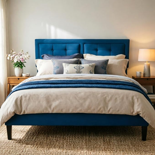 VECELO Queen Size Bed Frame, Adjustable Upholstered Button Tufted Headboard, Heavy-Duty Bedframe with Wood Slats Support, No Box Spring Needed, Aegean Blue