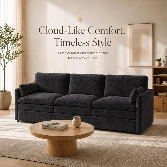 Esright Apartment Cloud Couch, 89-Inch 3-Seat Chenille Sofa, Black | Skin-Friendly Fabric, Deep 22" Seat, 2×6.3" Plush Back Pillows, Wood Frame, 800-Lb Support for Studios and Living Rooms