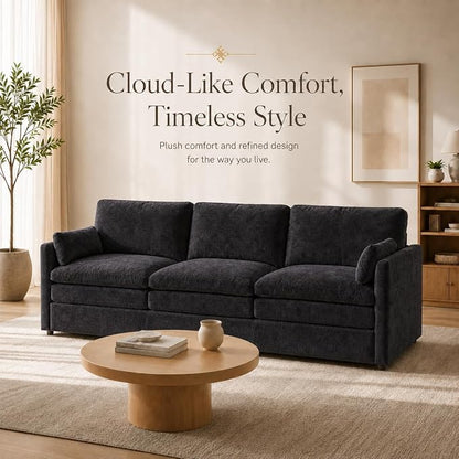 Esright Apartment Cloud Couch, 89-Inch 3-Seat Chenille Sofa, Black | Skin-Friendly Fabric, Deep 22" Seat, 2×6.3" Plush Back Pillows, Wood Frame, 800-Lb Support for Studios and Living Rooms