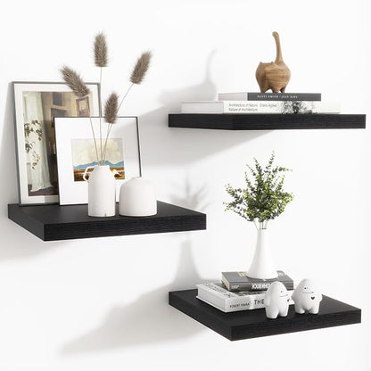 Fun Memories Floating Shelves for Wall - 12 Inch Square Shelves with Invisible Brackets, Black Small Wall Shelf for Living Room, Bathroom, Bedroom, and Kitchen Decor Set of 3