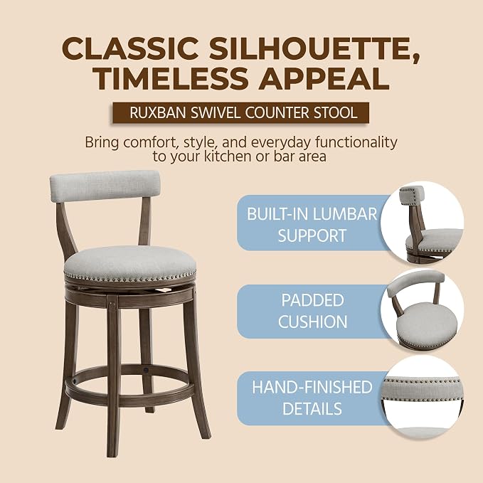 ROME + OAK Ruxban 26" Counter Stool, Set of 3 Low Back Swivel Barstools in Weathered Oak Finish with Sand Fabric Upholstery Seat - Indoor Home Furniture