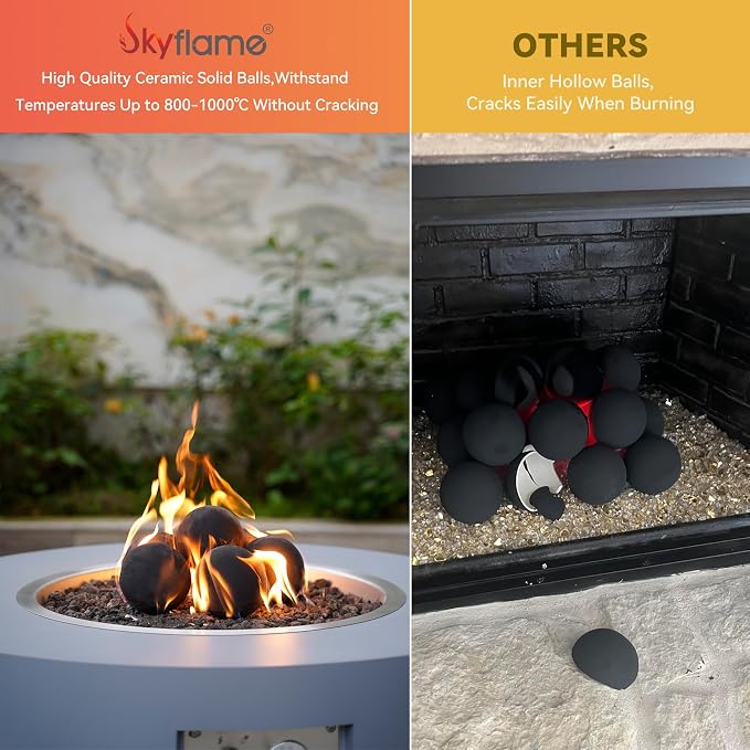 Skyflame 5 Inch Ceramic Fire Pit Balls, Set of 6 Round Fire Stones Set for Indoor and Outdoor Fire Pits or Fireplaces Accessory, Black