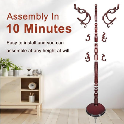 Coat Racks Freestanding, Natural Wood Coat Stands with 14 Hooks, 73" Heavy Duty Adjustable Height Vintage Hall Tree for Entryway, Bedroom, Office, Easy Assembly (Rosewood)
