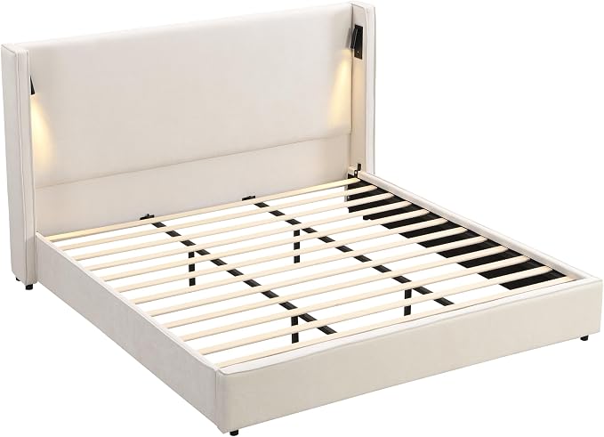 Christopher Knight Home Hazel 45.70"H California King Bed Frames, Linen Upholstered Cal King Bed Frame, Slats Panel Support, No Spring Box Needed, Wingback Headboard with Reading Lamps and USB, Beige