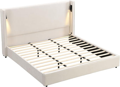 Christopher Knight Home Hazel 45.70"H California King Bed Frames, Linen Upholstered Cal King Bed Frame, Slats Panel Support, No Spring Box Needed, Wingback Headboard with Reading Lamps and USB, Beige