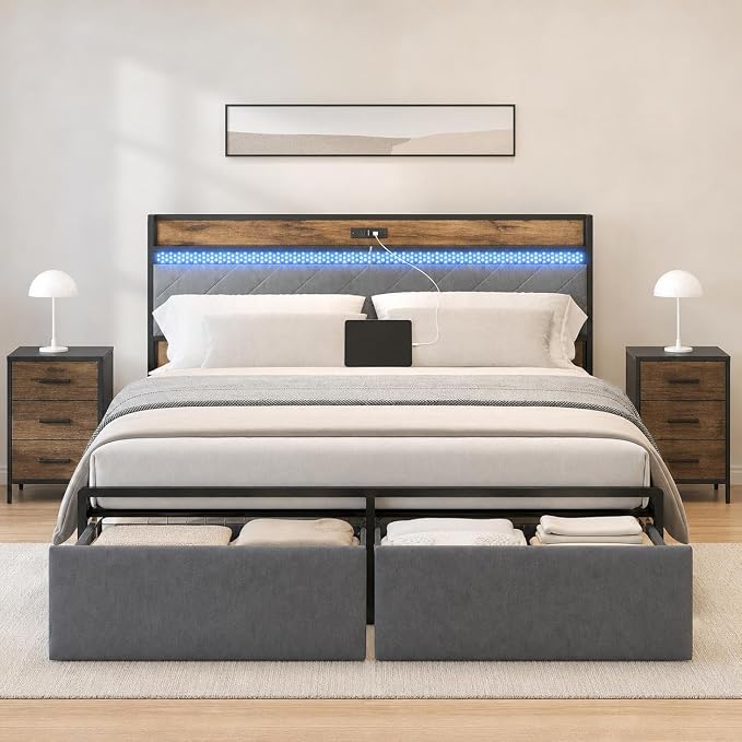 GarveeHome King Bed Frame with 2 Storage Drawers, LED Bed Frame with 2-Tier Storage Headboard&Charging Station, Metal Platform Bed Frame, No Box Spring Needed, Noise Free, Grey