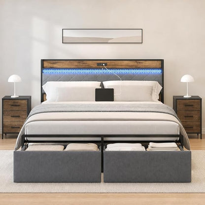 GarveeHome King Bed Frame with 2 Storage Drawers, LED Bed Frame with 2-Tier Storage Headboard&Charging Station, Metal Platform Bed Frame, No Box Spring Needed, Noise Free, Grey