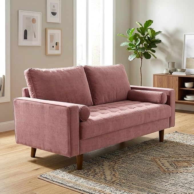 Container Furniture Direct Womble 58 Inch Velvet Loveseat Sofa with Elegant Button Tufted Upholstery, Square Arms, Splayed Wood Legs, Includes Matching Bolster Pillows, Rose