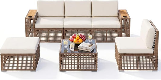 Devoko Patio Furniture Set,6 Pieces Outdoor Sectional Sofa with Cup Holder and 7.87in Wider Armrest, PE Wicker Backyard Couch Set with Coffee Table&Glass Tabletop for Deck, Porch（6 pcs）