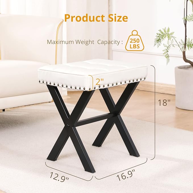 LUE BONA White Vanity Stool - Square Faux Leather Makeup Seat With Metal X Legs, Small Ottoman Chair for Makeup Room, Living Room, Bathroom - Padded Foot Rest