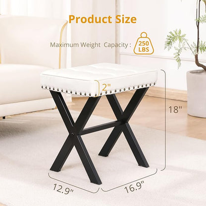 LUE BONA White Vanity Stool - Square Faux Leather Makeup Seat With Metal X Legs, Small Ottoman Chair for Makeup Room, Living Room, Bathroom - Padded Foot Rest