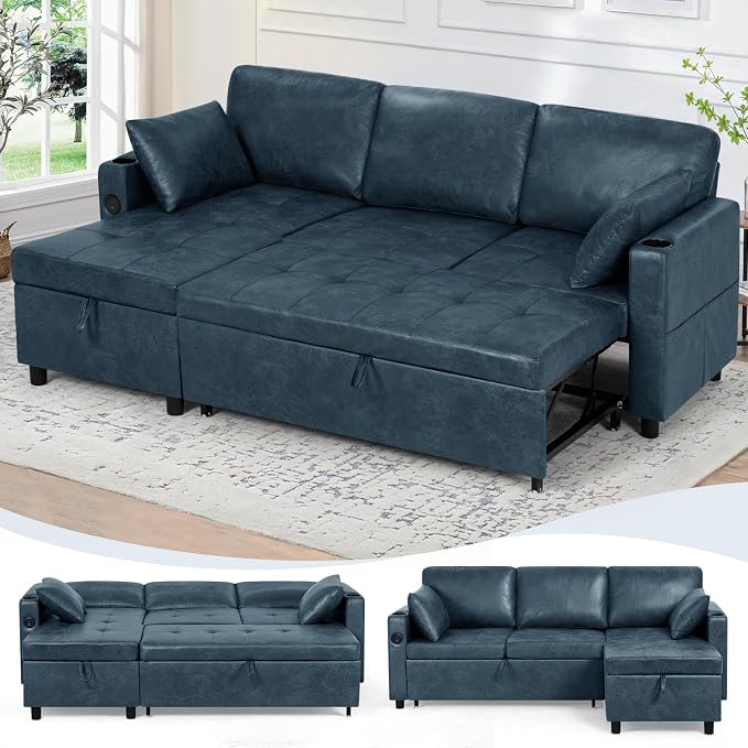 84" L-Shape Pull Out Sofa Bed with Adjustable Backrest, Upholstered Sectional Sleeper Sofa with Storage Chaise, Suede Leather Reversible Couch Bed with USB Port for Living Room, House, Blue