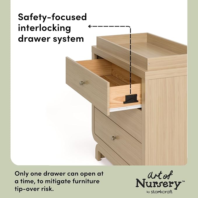 Storkcraft Santorini 3 Drawer Chest with Changing Topper (Driftwood) – GREENGUARD Gold Certified, Award-Winning Premium Wood Dresser for Baby & Kids Bedroom with Interlocking Drawer System