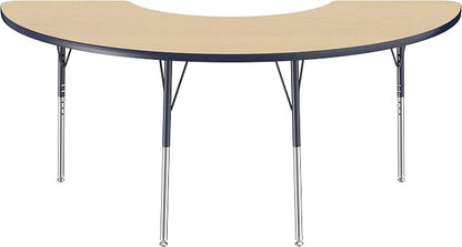 FDP Half Moon Activity School and Office Table (36 x 72 inch), Standard Legs with Swivel Glides for Collaborative Seating Environments, Adjustable Height 19-30 inches - Maple Top and Navy Edge