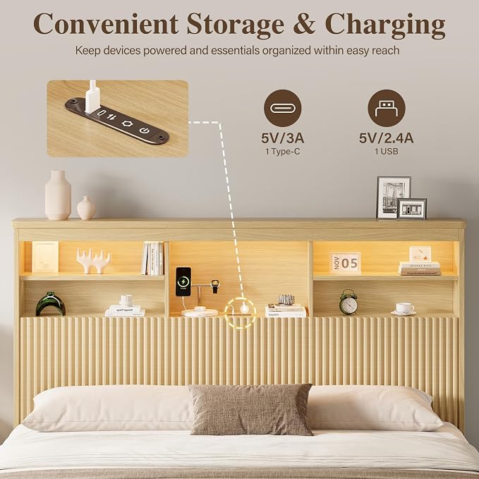 Queen Size Bed Frame and Tall Headboard & Storage, Metal Platform Bed Frame with 4 Storage Drawers, Queen Bed Frame with LED Lights & Charging Ports, No Box Spring Needed, Noise-Free, Natural