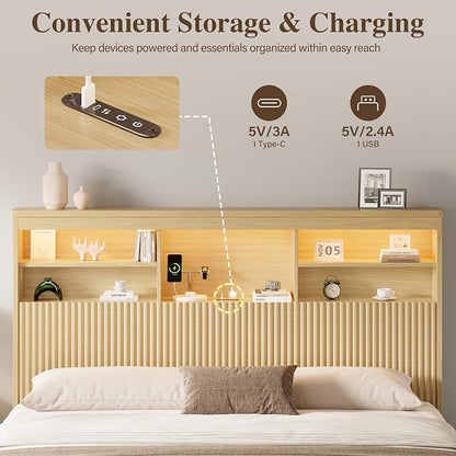 Queen Size Bed Frame and Tall Headboard & Storage, Metal Platform Bed Frame with 4 Storage Drawers, Queen Bed Frame with LED Lights & Charging Ports, No Box Spring Needed, Noise-Free, Natural