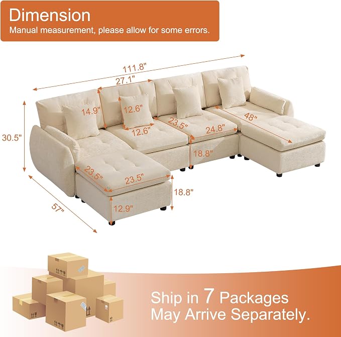 112" U Shaped Modular Sectional Cloud Sofa with 2 Ottomans, Oversized Deep Seat Tufted Chenille 6-Seater Couch with Curved Arms, Upholstered Sofas for Living Room, Beige