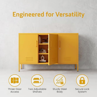 32" Wide 3-Door Lockable Metal Storage Cabinet with Accent Cabinet Locker, Heavy Duty Home Tool Cabinet, 2 Removable Shelves & Easy Assembly, for Home, Office, Entryway and Hallway Yellow