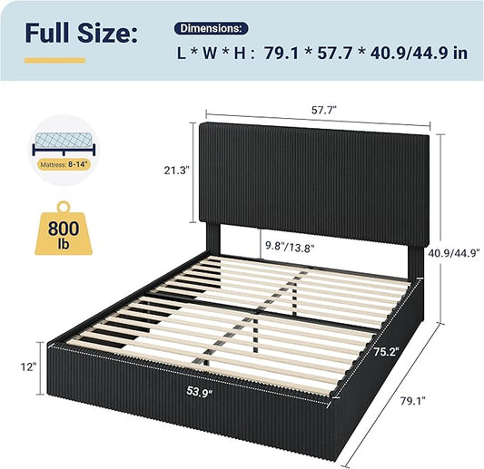 Allewie Full Bed Frame, Upholstered Platform Bed, Adjustable Vertical Channel Tufted Headboard, Corduroy Fabric, Modern Low Profile, Wooden Slats, No Box Spring Needed, Easy Assembly, Black