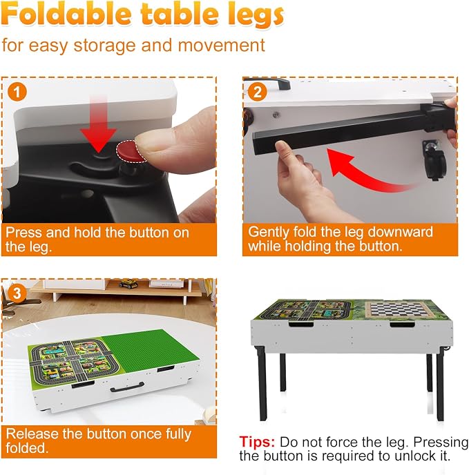 Taladad&kydspac 3 in 1 Table with Storage,Wooden Kids Activity Table Compatible with Lego and Building Block,Construction+Train+Chess Toddler Play Table,Wheels for Under Bed or Sofa Storage