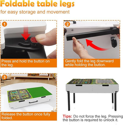 Taladad&kydspac 3 in 1 Table with Storage,Wooden Kids Activity Table Compatible with Lego and Building Block,Construction+Train+Chess Toddler Play Table,Wheels for Under Bed or Sofa Storage