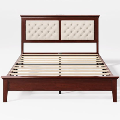 Lifezone Solid Wood Queen Bed Frame 41.5” Tall Diamond-Tufted Upholstered Headboard, American Classic Flat-Top Bed, Stable Structure, Wood Slats Support, Noise-Free, No Box Spring Needed, Redish Brown