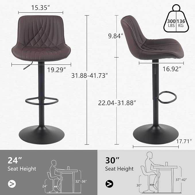 YOUTASTE Bar Stools Set of 2, Adjustable Swivel Counter Height Barstools with Back, Brown Faux Leather Upholstered Bar Chairs with Metal Base, Stools for Kitchen Island or Home Bar