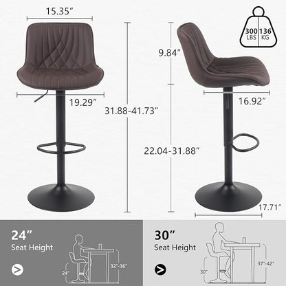 YOUTASTE Bar Stools Set of 2, Adjustable Swivel Counter Height Barstools with Back, Brown Faux Leather Upholstered Bar Chairs with Metal Base, Stools for Kitchen Island or Home Bar