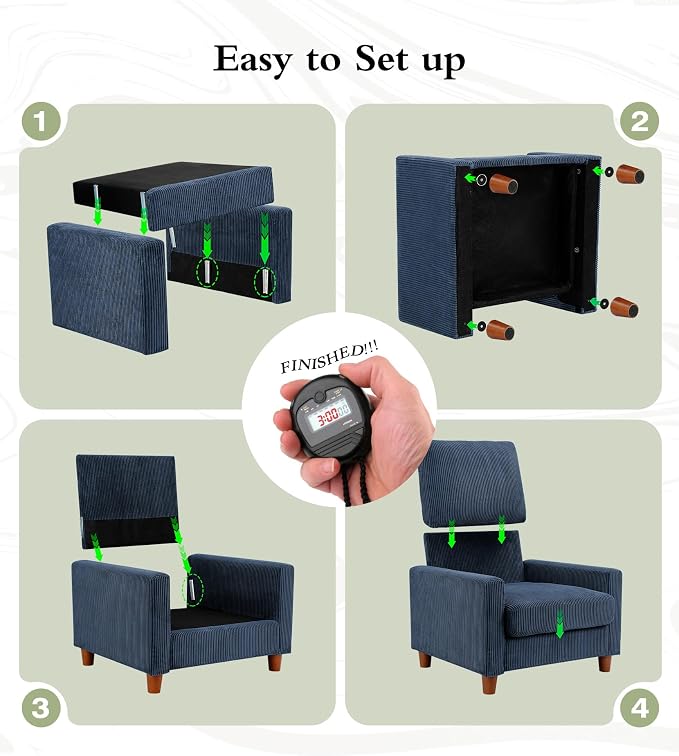 Kidirect 35.5in Oversized Accent Chair, Easy to Assemble Living Room Chairs, Corduroy Reading Chair for Bedroom, 22.5in Deeper Seats Accent Chairs for Living Room, Comfy Armchair Reading Nook, Navy