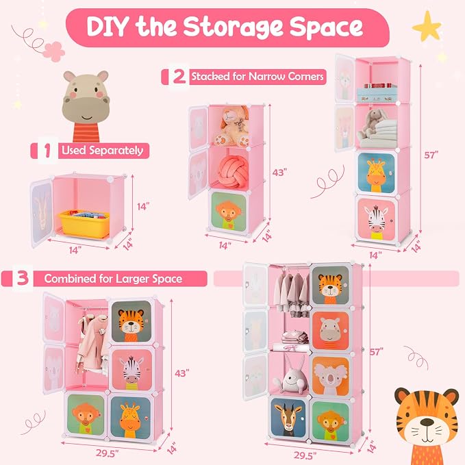 HONEY JOY Kids Wardrobe Closet, Baby Cartoon Clothes Storage Organizer, 8 Cubes & 2 Hanging Sections, Portable Children DIY Modular Bedroom Armoire Dresser Cabinet for Boys Girls (Pink, 8-Cube)