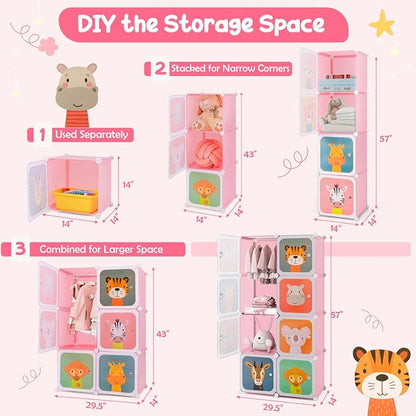 HONEY JOY Kids Wardrobe Closet, Baby Cartoon Clothes Storage Organizer, 8 Cubes & 2 Hanging Sections, Portable Children DIY Modular Bedroom Armoire Dresser Cabinet for Boys Girls (Pink, 8-Cube)