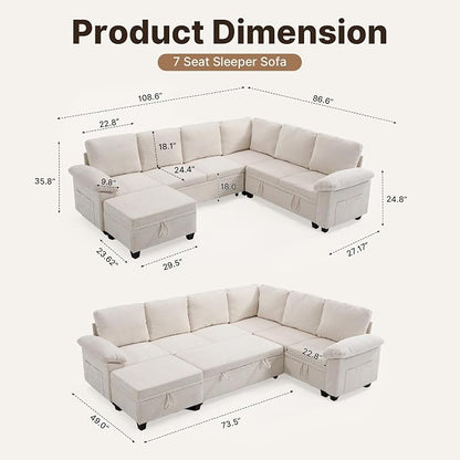 108" Modular Sectional Sofa Bed with Storage, L Shaped Pull Out Couch, Removable Chenille Sofa Cover for Living Room(Beige, 7 Seat)