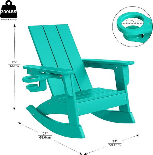 Costaelm Palms Kids Outdoor Preschool HDPE Plastic Modern Adirondack Rocking Chair (Set of 2), Turquoise