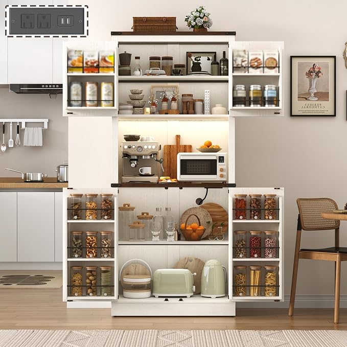 72" Tall Farmhouse Kitchen Pantry Cabinet with LED Light and Power Outlet,Modern Farmhouse Kitchen Storage Cabinet w Load-Bearing Steel Pipe,Barn Doors, Organizer,Food Pantry Cabinets(White)