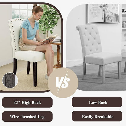 LSSBOUGHT Fabirc Dining Chair Upholstered Parsons Kitchen Chair with Copper Nails and Solid Wood Legs for Dining Room,Restaurant (Beige, 4PCS)