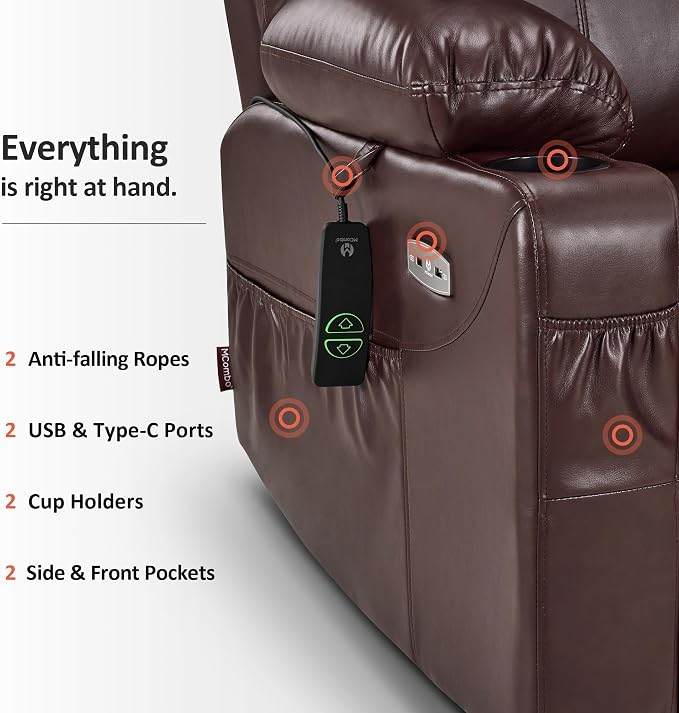 MCombo Large Power Lift Recliner Chair with Massage and Heat for Tall Elderly People, 3 Positions, Cup Holders, and USB Ports, Faux Leather 7516 (Large, Dark Brown)