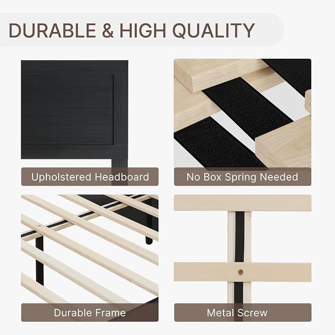 KISLOT 3 Pieces Bedroom Set, Wood Bed Frame with Upholstered Headboard & 2 Nightstands with Storage, Wooden Platform Mattress Foundation Farmhouse Bedroom Furniture Set