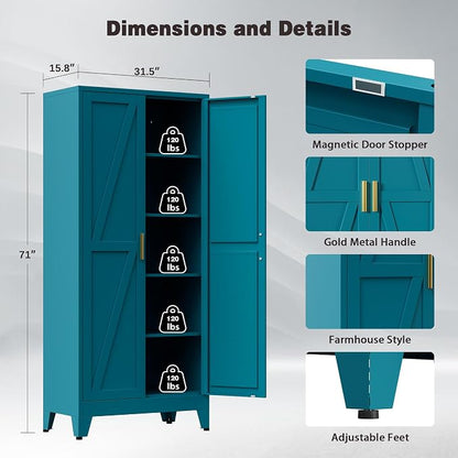 71" Tall Metal Pantry Cabinet, Kitchen Storage Cabinet with 2 Doors and 4 Adjustable Shelves for Kitchen, Living Room, Dining Room, Bathroom and Home, Office (Blue, 1PC)