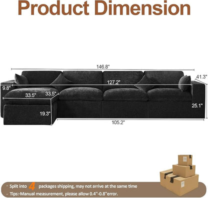 146''Cloud Boneless Sectional Couch, Modular Sectional Sofa Deep Seat with Ottoman, Oversized Upholstered Convertible Comfy 5 Seater Chenille Sofa L Shape Couches for Living Room, Dark