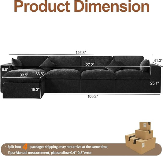 146''Cloud Boneless Sectional Couch, Modular Sectional Sofa Deep Seat with Ottoman, Oversized Upholstered Convertible Comfy 5 Seater Chenille Sofa L Shape Couches for Living Room, Dark