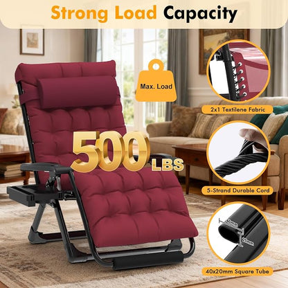 Slendor Oversized Zero Gravity Chairs XXL, 33IN Padded Zero Gravity Lounge Chair, Folding Reclining Patio Chair Lawn Recliner w/Aluminum Alloy Lock, Headrest, Cup Holder, Support 500lbs, Wine Red