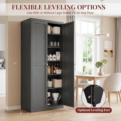 75" Metal Kitchen Pantry Cabinet with Dual Handles & Adjustable Legs, Freestanding Storage Cabinet with Doors and 5 Adjustable Shelves, Tall Food Pantry for Kitchen Dining Room, Black