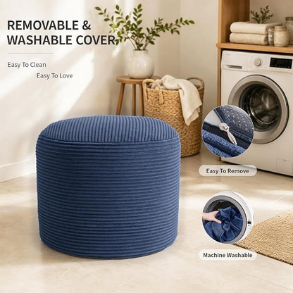 Stuffed Pouf Ottoman Foot Rest with 2.8-inch Solid Foam Base | Odorless Filling Resists Clumping, Washable Corduroy Cover, Round Foot Stool for Living Room Couch Lounging and Home Decor