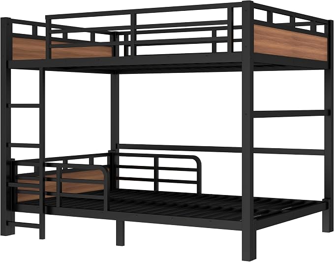 Full Over Full Metal Bunk Bed, Heavy Duty Convertible Bunk Bed Frame with Headboard & Full Guardrails, Can Be Split into Two Platform Beds or Loft Bed,Walnut