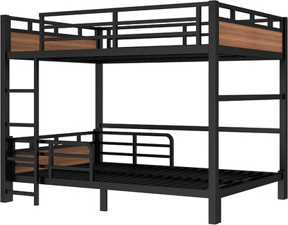 Full Over Full Metal Bunk Bed, Heavy Duty Convertible Bunk Bed Frame with Headboard & Full Guardrails, Can Be Split into Two Platform Beds or Loft Bed,Walnut