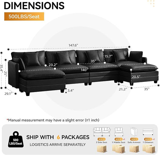 147'' Sectional Cloud Deep Seat Couch, Oversized Leather U Shaped Sectional Sofa for Living Room Set, Comfy Upholstered Modular Sectional Sofa Couch with Movable Ottoman, Leather Black