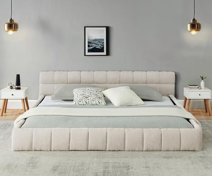 KEIKI California King Thick Chenille Platform Bed Frame with Upholstered Tufted Headboard, Modern Solid Wood Floor Platform for Bedroom, No Box Spring Needed